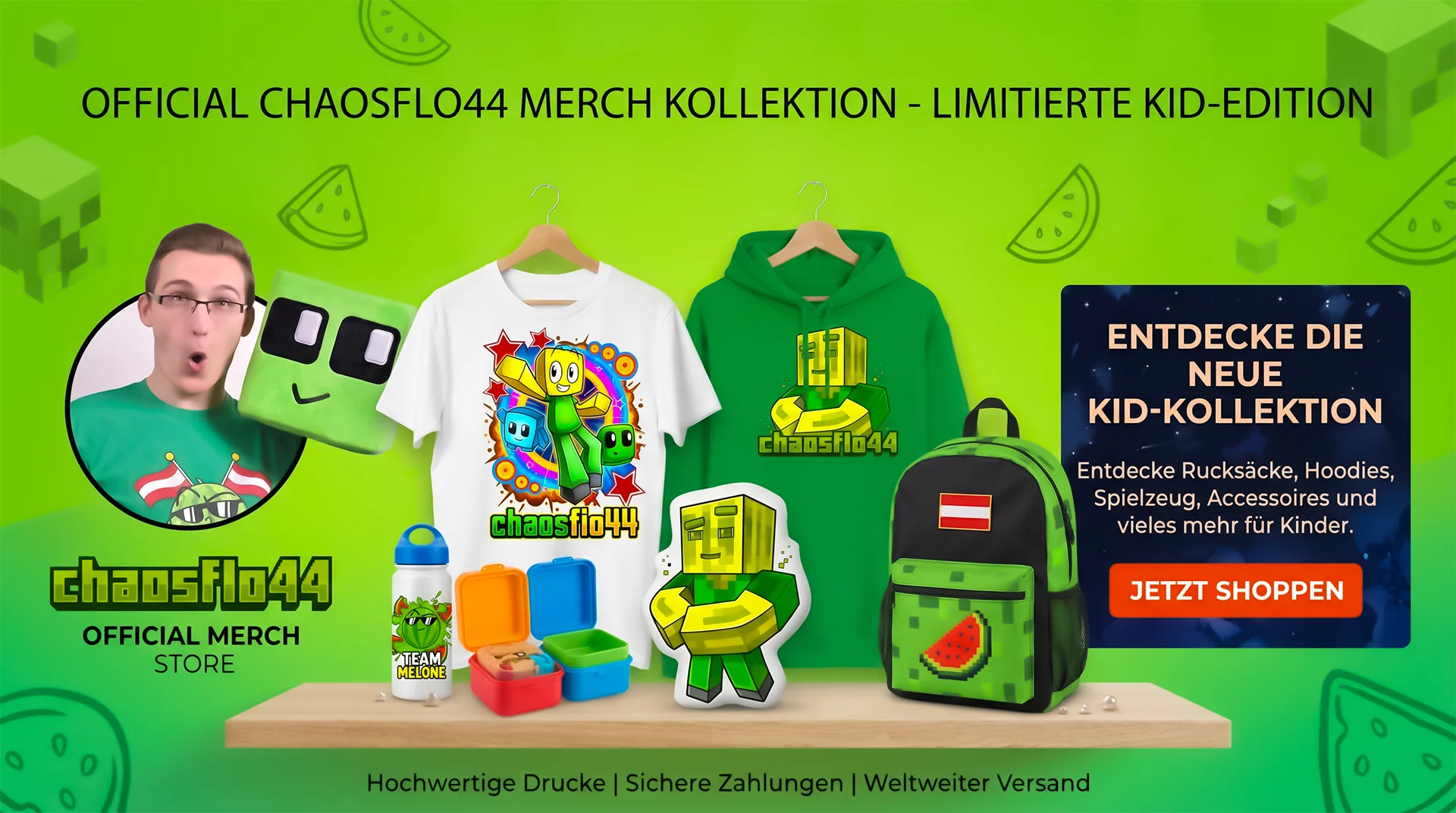 Werbebanner der limitierten Chaosflo44 Merchandise-Kollektion für Kinder, das verschiedene Artikel wie T-Shirts, Hoodies, Rucksäcke, Plüschtiere und Brotdosen im Gaming- und Team Melone-Design zeigt.